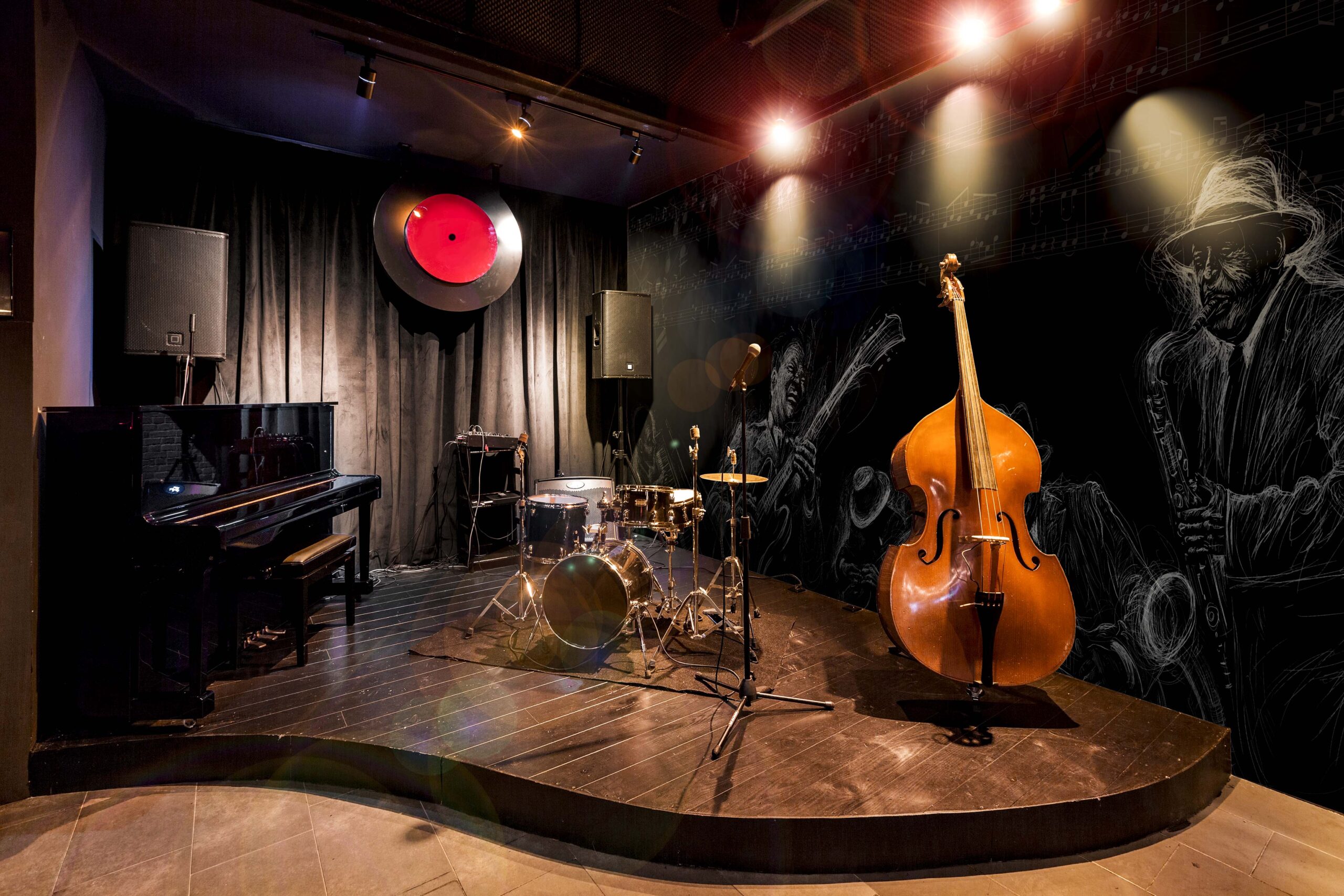 Modern jazz bar interior design, stage with black piano and cello